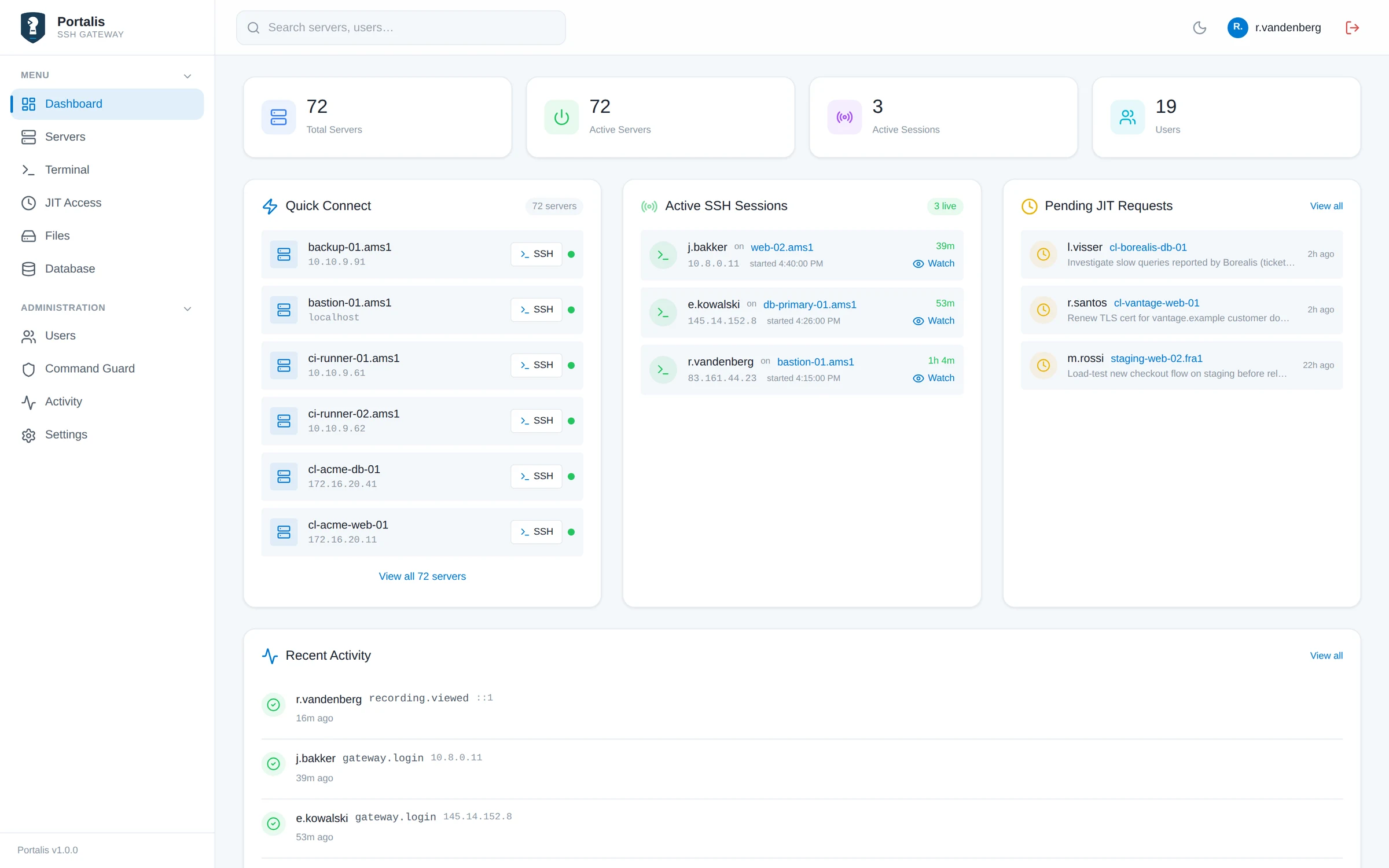 Portalis dashboard with 72 servers, three live SSH sessions and pending JIT requests