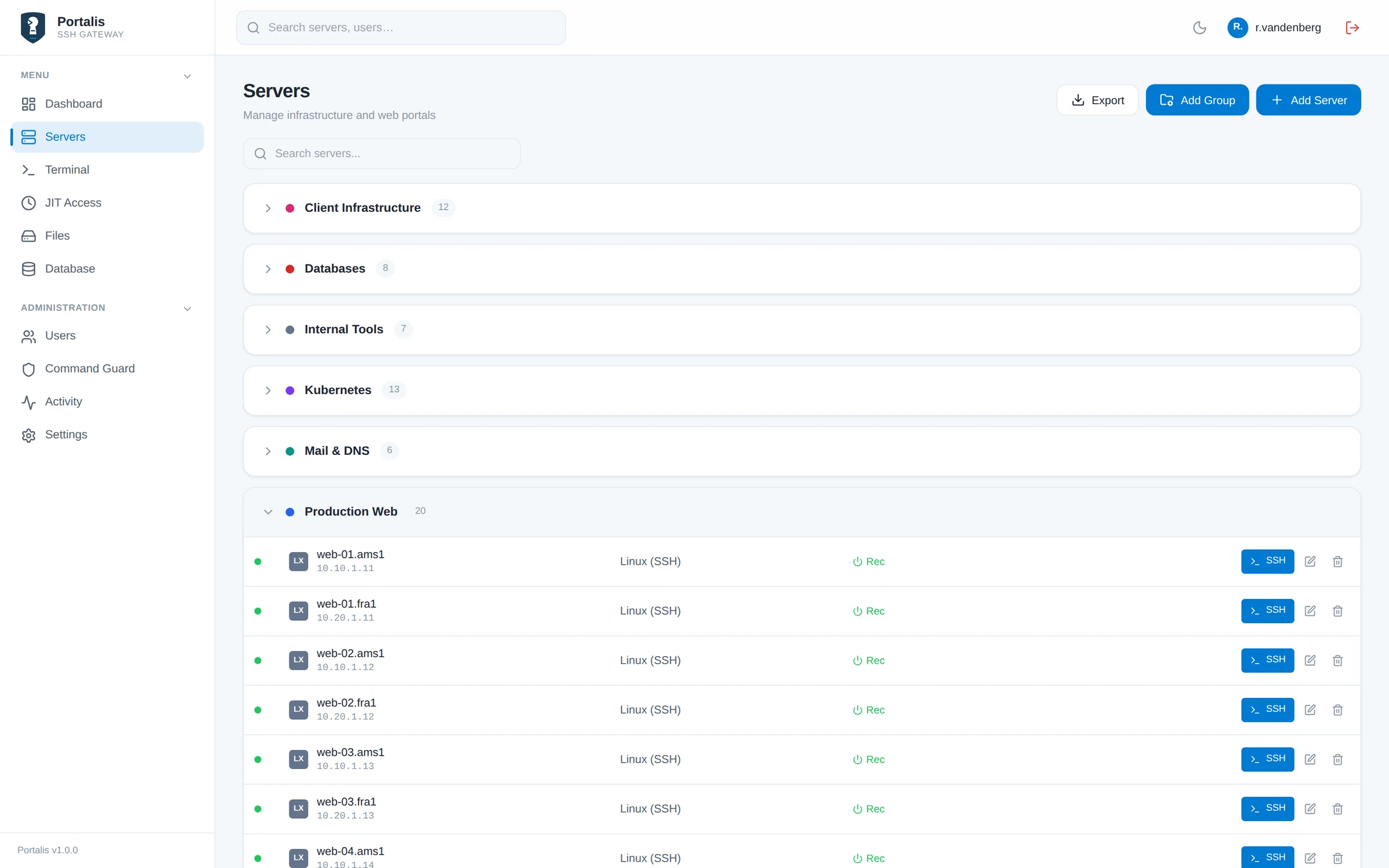 Server list grouped by environment with one-click SSH buttons