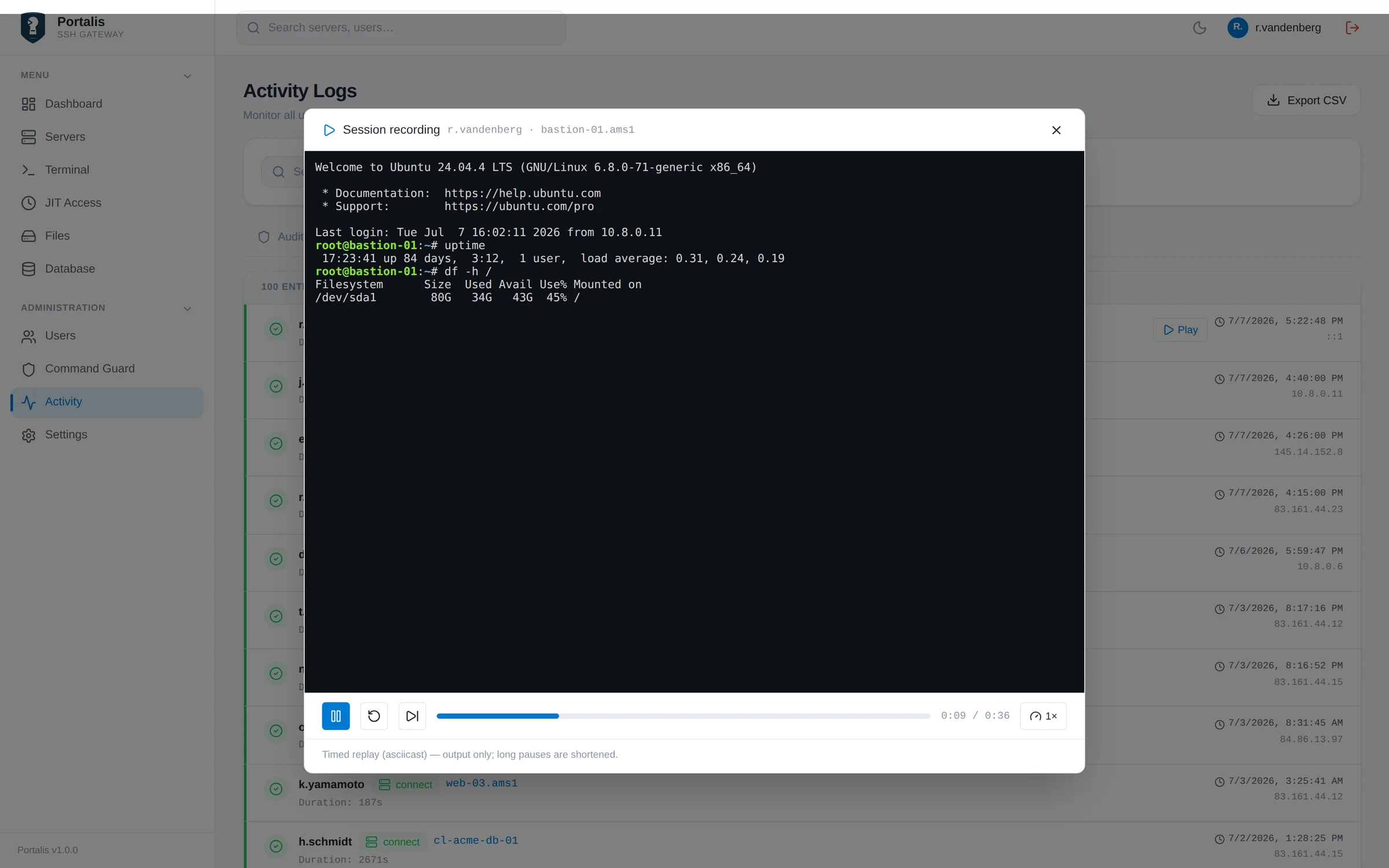 Session recording replayed in the built-in player with scrubber and speed controls