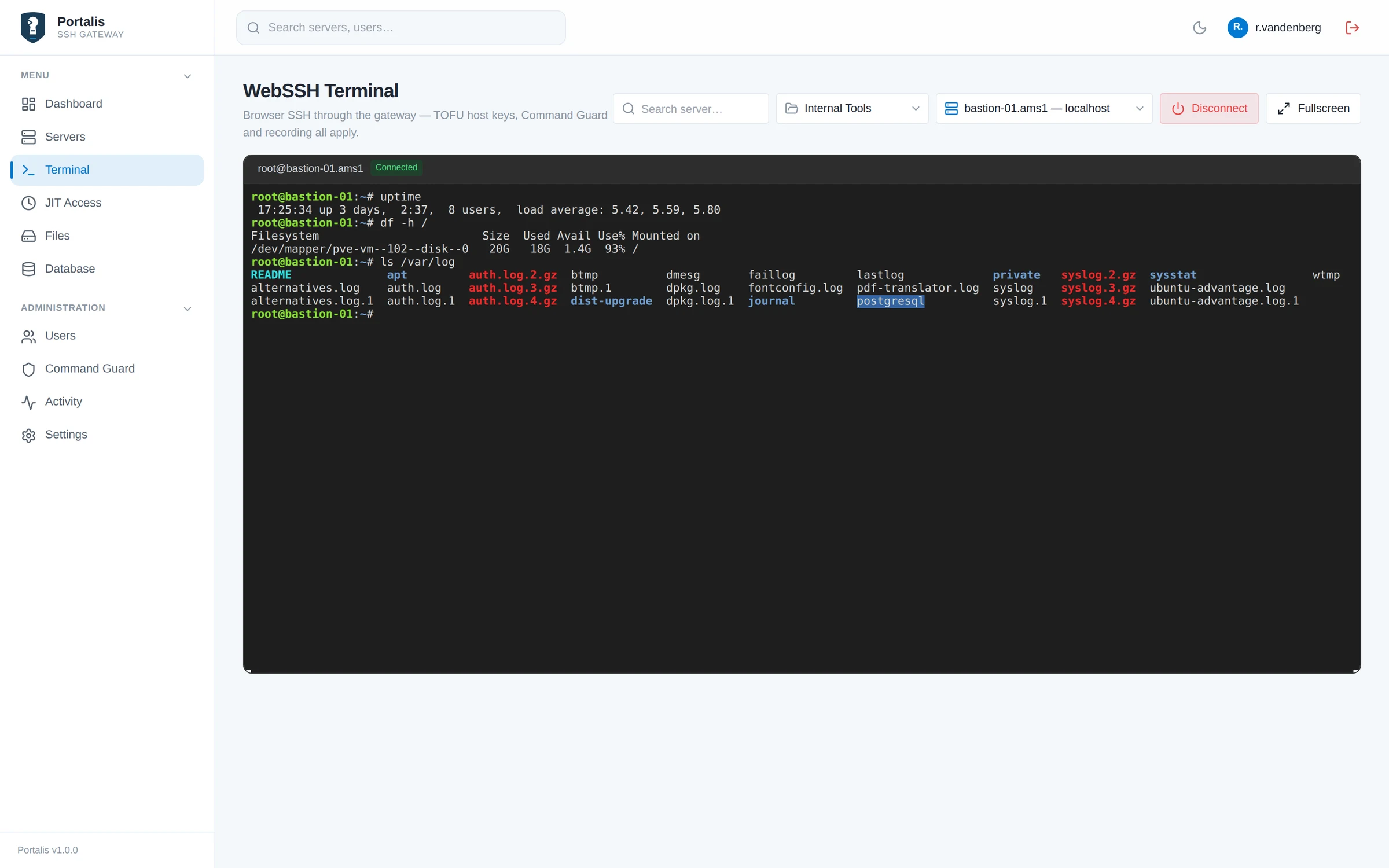 Browser SSH terminal with a live session on bastion-01