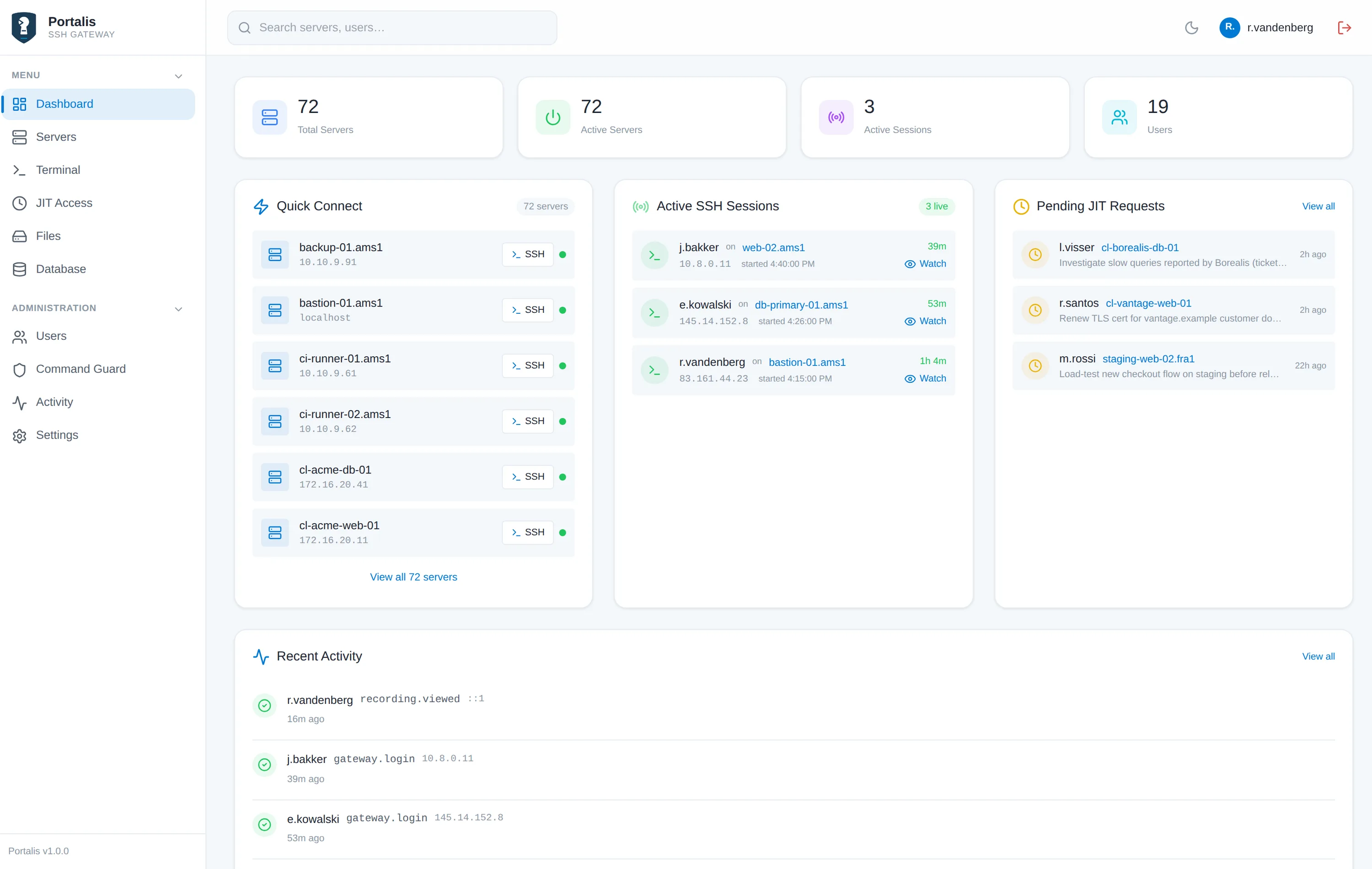 Portalis dashboard: fleet overview, live SSH sessions, pending access requests and audit feed